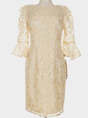 Adrianna Papell Champagne Embroidered Sheath Dress Bell Sleeve Size 10 NEW